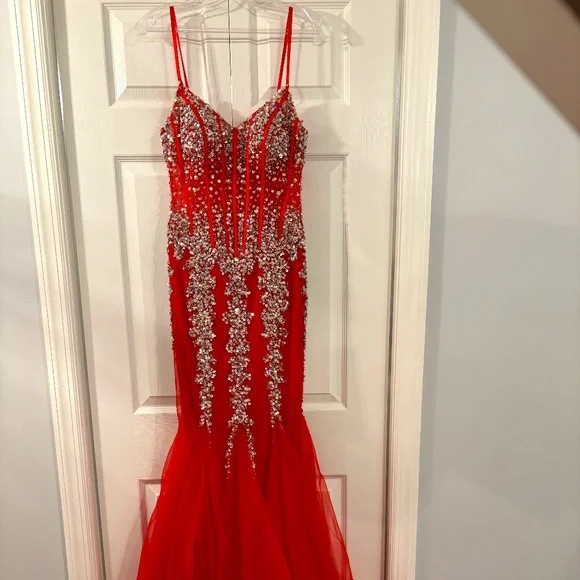 open lace back dress JOVANI Red Strapless Embellished Corset Short Dress Size 12  Style  Exchange Boutique PGH